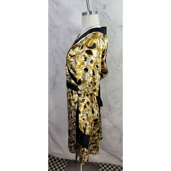 BCBG Maxazria Y2k Satin Adele Wrap Dress M Black Gold Long Sleeves Abstract - Picture 7 of 14